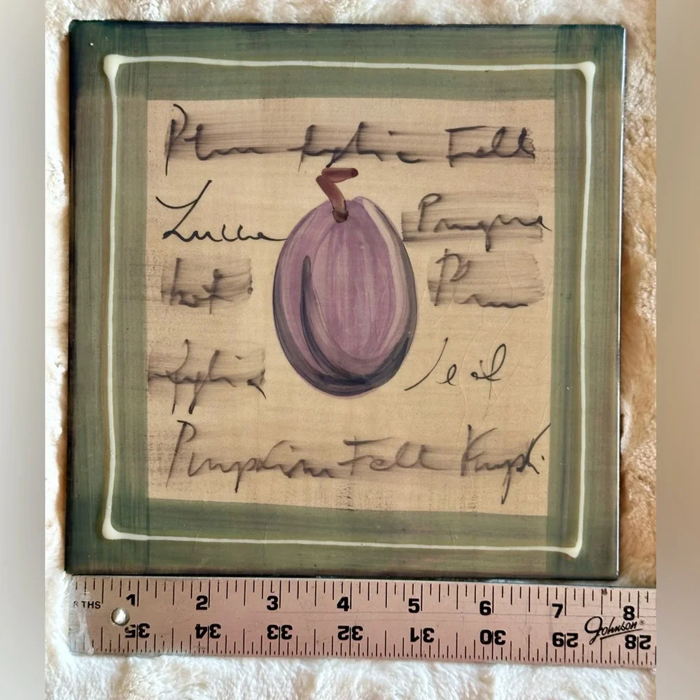 Crate & Barrel Tile Trivet Plum Made in Italy Hand Painted 8”x8” Tile Only